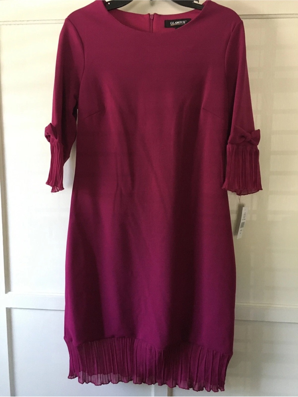Glamour Deep Magenta Long-Sleeve Shift Dress with Pleated Trim